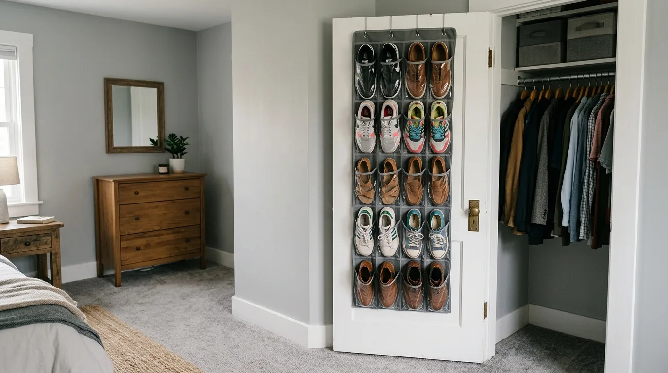 Hanging shoe organizer inside a small closet